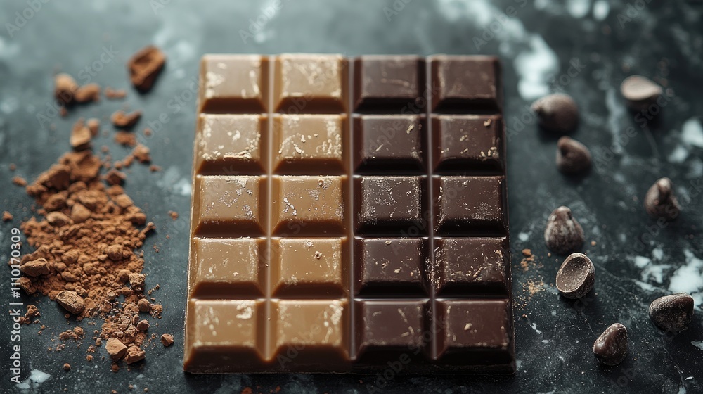 Poster assorted chocolate bars with cocoa powder and chocolate chips on marble surface showcasing rich text