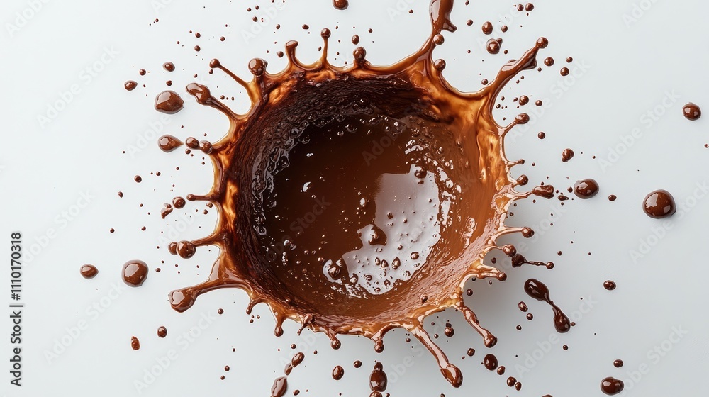 Poster Chocolate milk splash with droplets on a light background captured from above showcasing liquid motion and texture