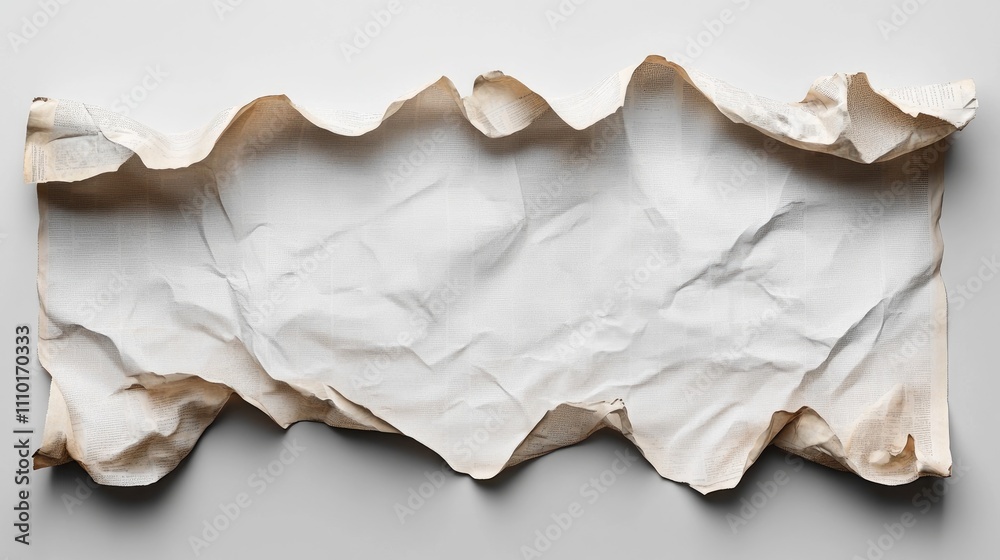 Poster Crumpled blank newspaper sheet with curled edges on a light background for text or graphic overlay use in advertising or design projects.