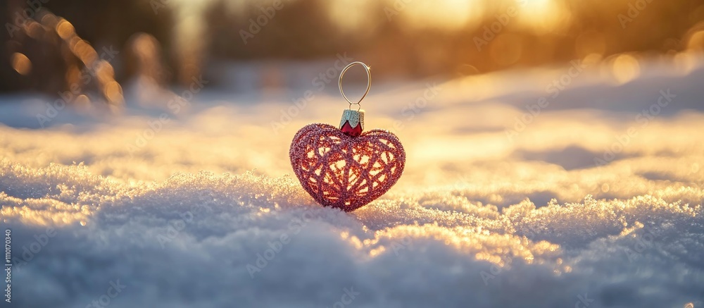 Aufkleber festive heart ornament resting on snow with a golden sunset glow creating a warm and serene christma
