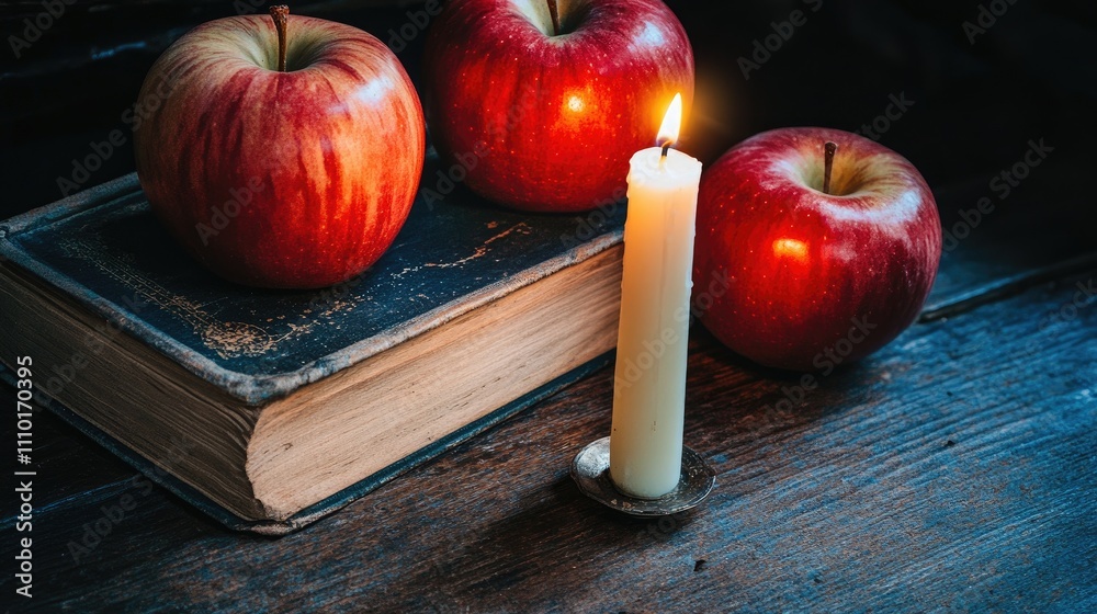 Poster warm candlelight casting a glow on red apples and aged vintage books creating a cozy and inviting au