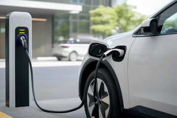 A close-up image of an electric car charging at a station symbolizing the transition towards cleaner transportation