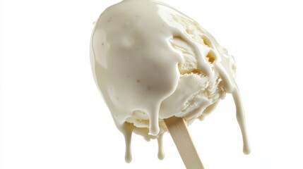 Bitten ice cream on stick with melting white chocolate coating against white background