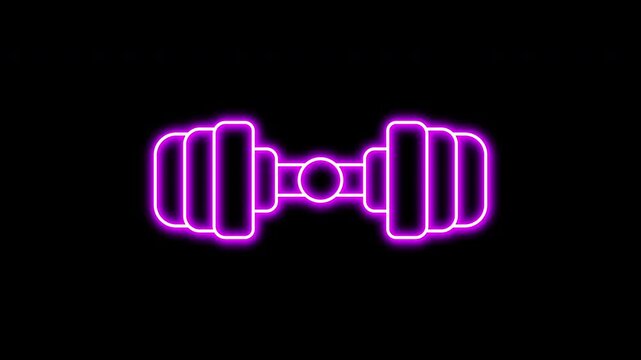 Purple glowing neon line of dumbbell of gym icon on black background. Motion graphic animation in 4k