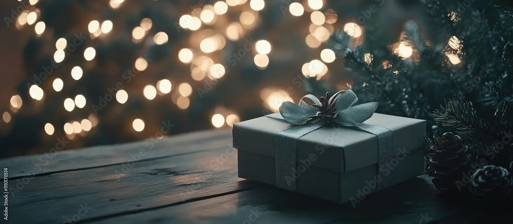 Poster elegant christmas gift box on a rustic wooden table with blurred festive lights creating a warm atmo