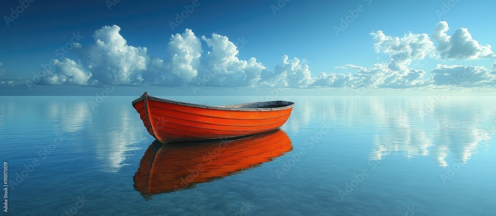 Aufkleber serene orange boat floating on calm ocean waters under a vibrant blue sky with fluffy clouds reflect