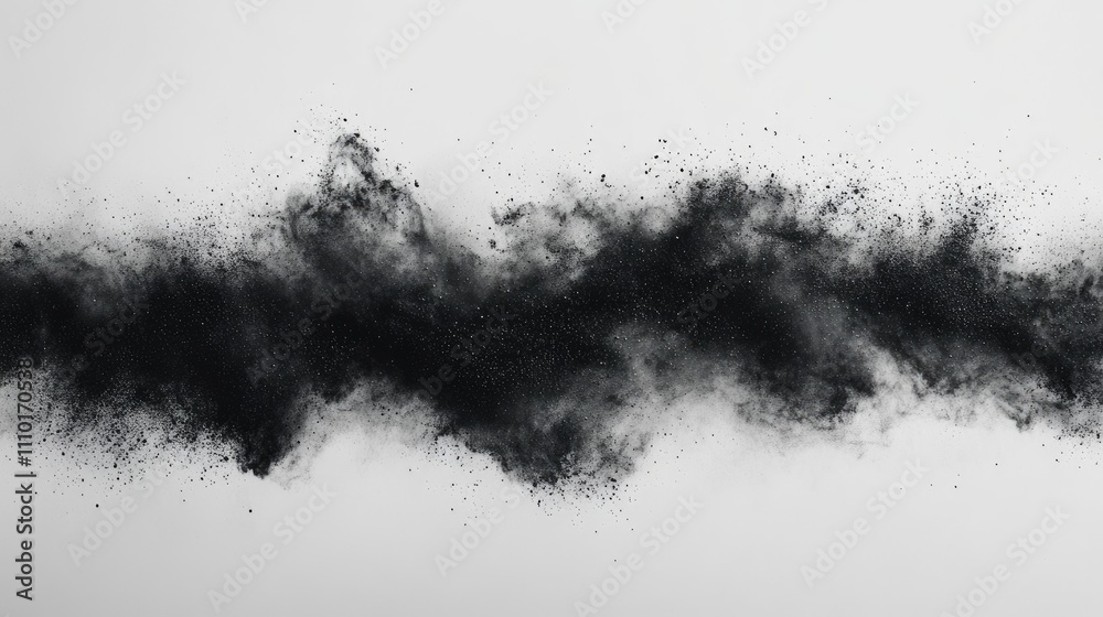 Poster Abstract black powder explosion on a white background creating a dynamic dust wave texture for artistic and design purposes.