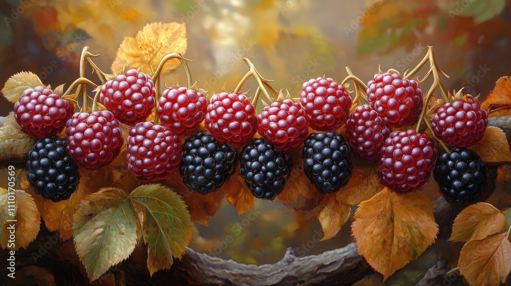 Poster blackberry shrub with ripe black and red berries surrounded by autumn leaves in a soft blurred backg