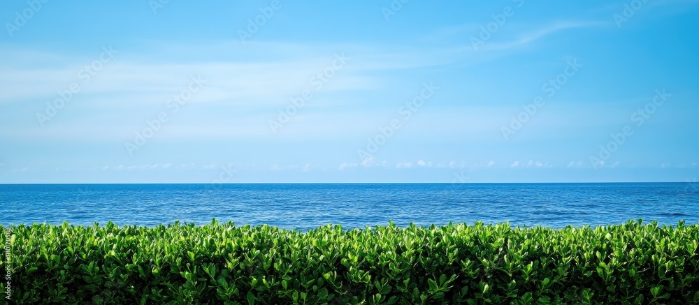 Poster tranquil view of vibrant green foliage against a serene blue sea and sky with soft clouds in a peace