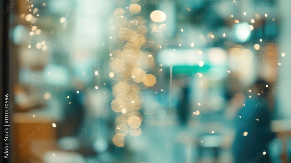 Poster Abstract blurred background of a warm-toned modern coffee shop with soft bokeh effects and subtle hints of people enjoying their time