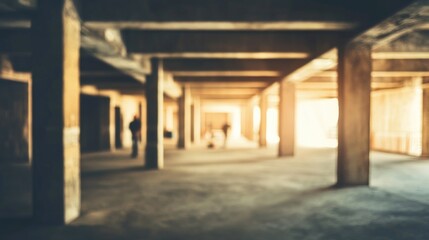 Blurry Scene of People Collaborating in a Construction Site Under Renovation with Exposed Pillars and Natural Light Filling the Space
