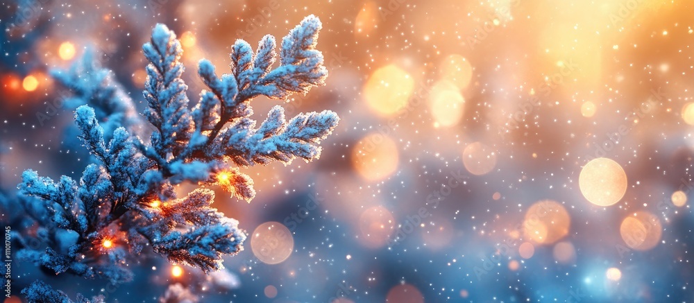 Poster Winter bokeh lights with frosted branches and a soft multicolored beige background creating a magical festive atmosphere