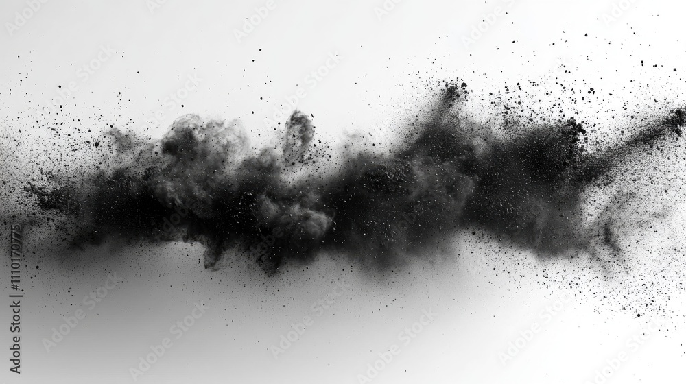 Aufkleber Dynamic black dust explosion creating an artistic splash against a clean white background showcasing movement and texture in abstract design.