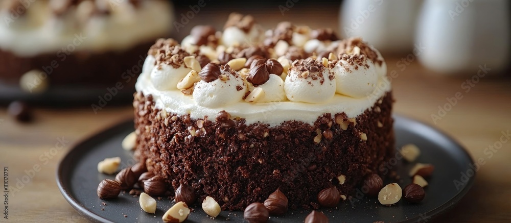 Poster chocolate meringue cake adorned with crunchy hazelnuts and a creamy topping on a rustic wooden table