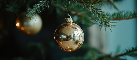 Gold ornament hanging on Christmas tree branch reflecting festive lights and greenery in a cozy holiday setting.
