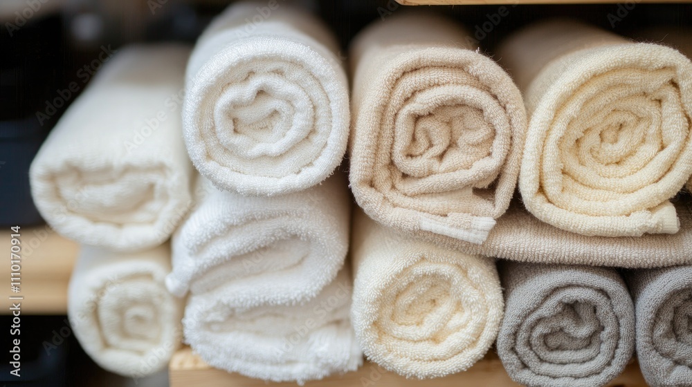 Aufkleber Rolled white and beige towels neatly arranged in storage showing soft texture patterns for home decor or hospitality background use