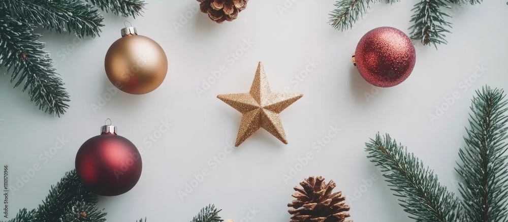 Poster christmas new year decorative frame with fir branches red and golden baubles pine cones and a star o