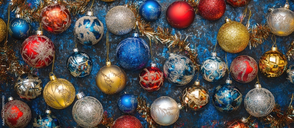 Poster festive holiday decorations with colorful ornaments and tinsel on a dark backdrop creating a joyful 