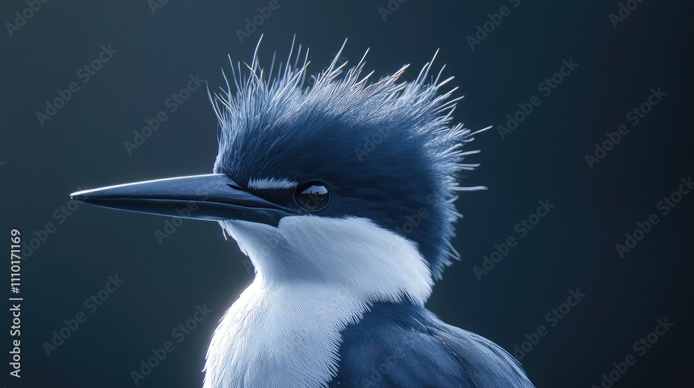 Poster belted kingfisher close-up showcasing striking plumage and distinctive features against a soft dark 