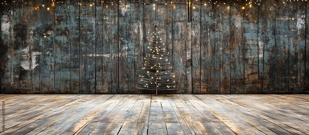 Aufkleber wooden tree with sparkling lights on an abstract rustic background for christmas and new year holida