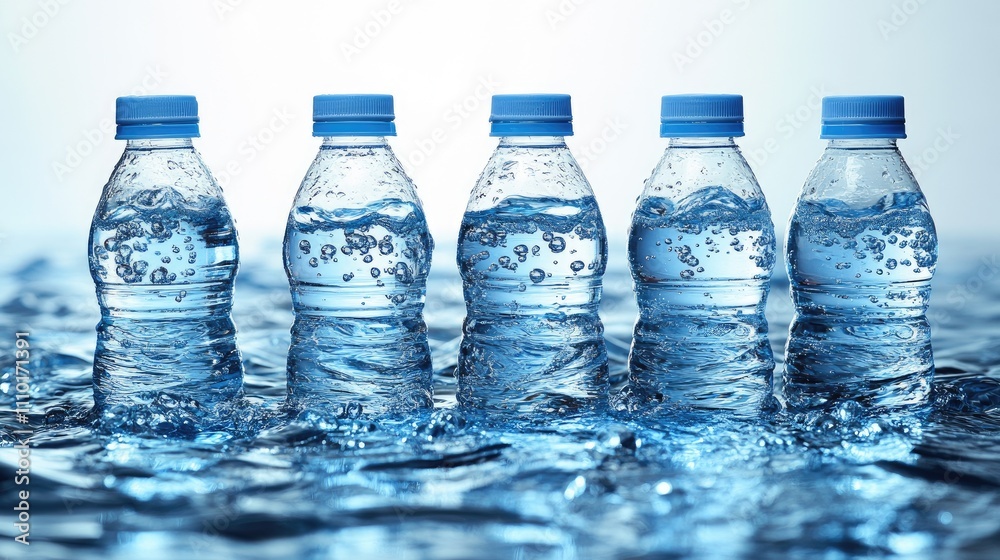 Aufkleber Bottles of sparkling water arranged neatly on a table creating a refreshing and clean aesthetic isolated on a white background.