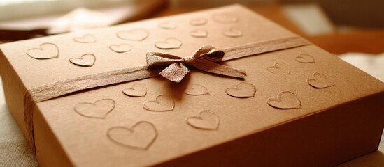Handcrafted cardboard gift box decorated with hearts and a ribbon bow for special occasions or celebrations