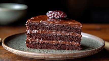 Decadent chocolate layer cake garnished with a sweet date on an elegant ceramic plate. Perfect for dessert lovers and culinary enthusiasts.