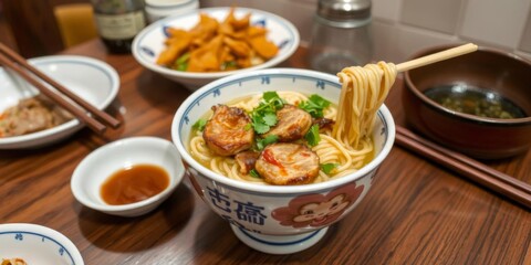 A close-up shot of a bowl of egg noodle topped with red roasted pork and wonton on a wooden table, comfort food, gourmet