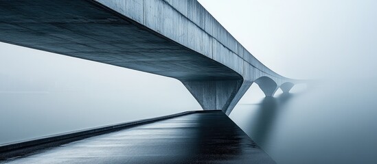 Modern architectural bridge spanning a serene waterway with a foggy backdrop conveying tranquility and innovative design.