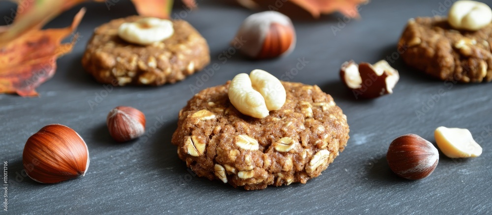 Poster christmas oatmeal cookies with hazelnuts and nuts on slate surface with autumn leaves