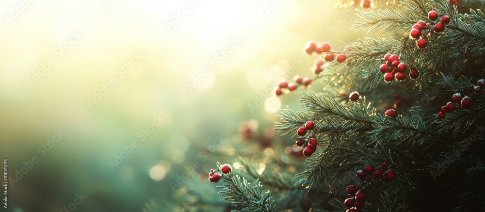 Aufkleber adorned fir tree branches with festive accents on a blurred shiny christmas background creating a wa
