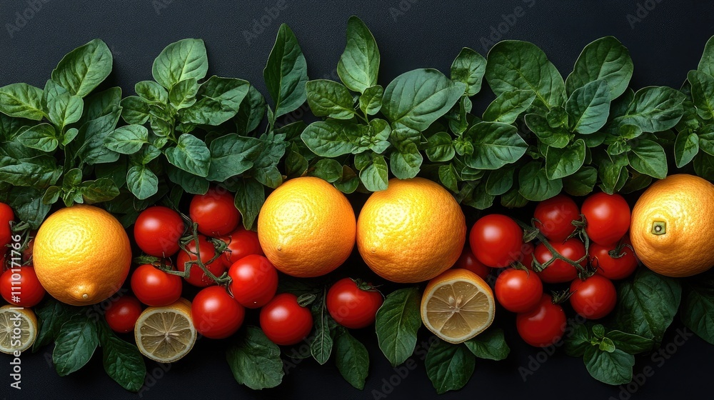 Poster chili lemons and tomatoes arranged with fresh foliage on a dark background creating a vibrant and co