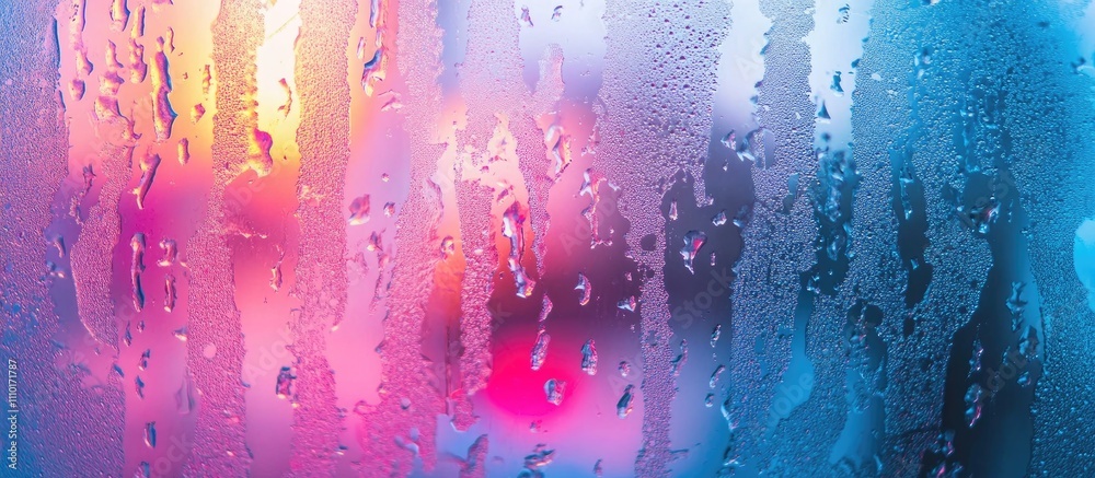Poster colorful bokeh effect with golden and pink hues on a backdrop of wet glass illuminated by soft light