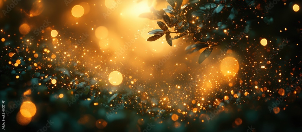 Poster golden and green bokeh lights with shimmering glimmers and silhouetted leaves creating a magical for