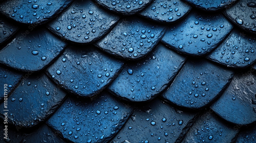Poster blue metallic roof tiles with water droplets creating a textured background highlighting moisture an