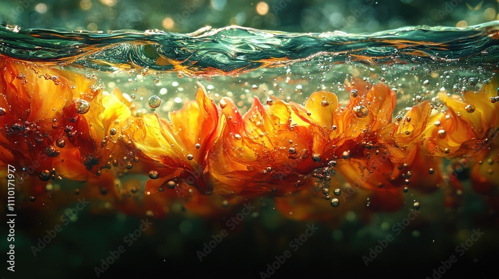 Poster vibrant floral colors merge in water creating an enchanting underwater scene with bubbles and light 