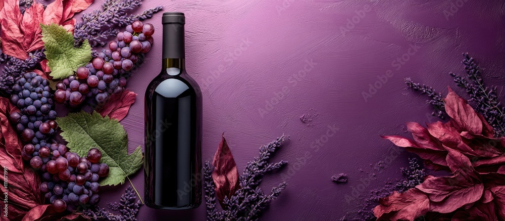 Poster red wine bottle mockup on purple background with empty glass and foliage suitable for label design a