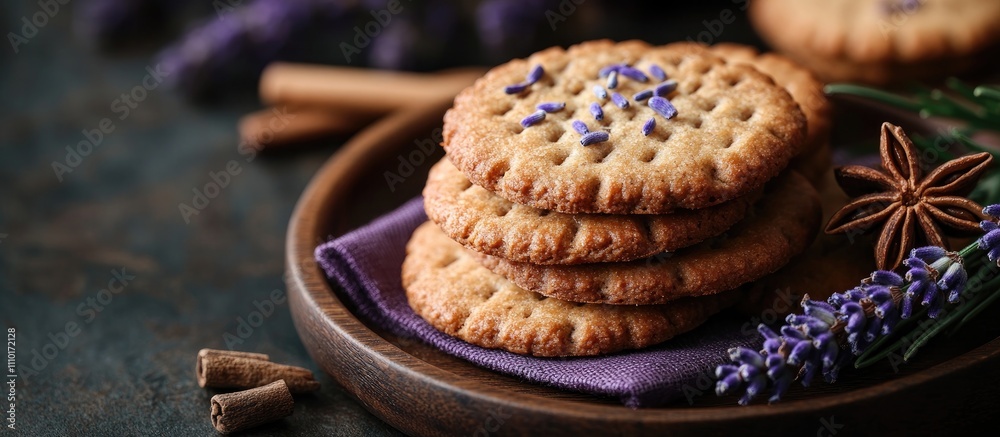Aufkleber chocolate crack biscuits with lavender and spices arranged on a rustic wooden plate with a dark back