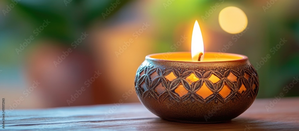 Poster Elegant candle burning in ornate holder with soft bokeh background creating a warm and inviting atmosphere for relaxation and tranquility
