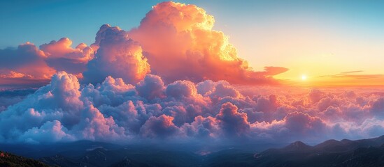 Vibrant sunset clouds illuminating the hills with a breathtaking palette of colors in a serene landscape setting.