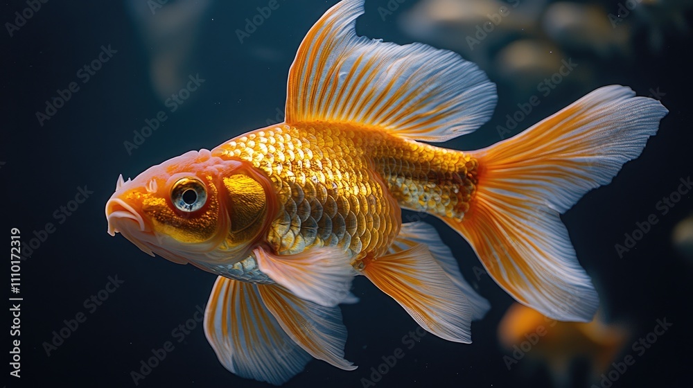 Poster vibrant goldfish swimming gracefully in a well-lit aquarium contrasting against a dark background wi