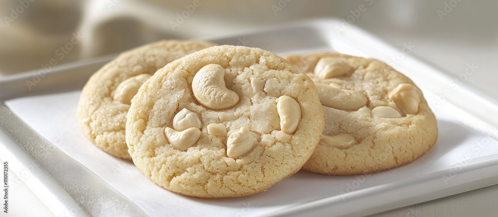 Poster cashew nut cookies displayed on a white plate with a soft background highlighting their texture and 