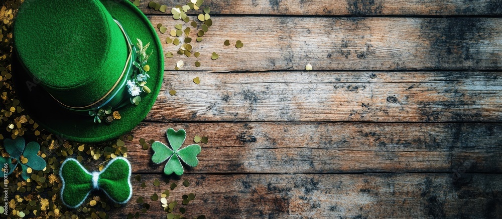 Poster cheerful st. patrick's day card design with green hat bow tie shamrocks and golden confetti on a rus