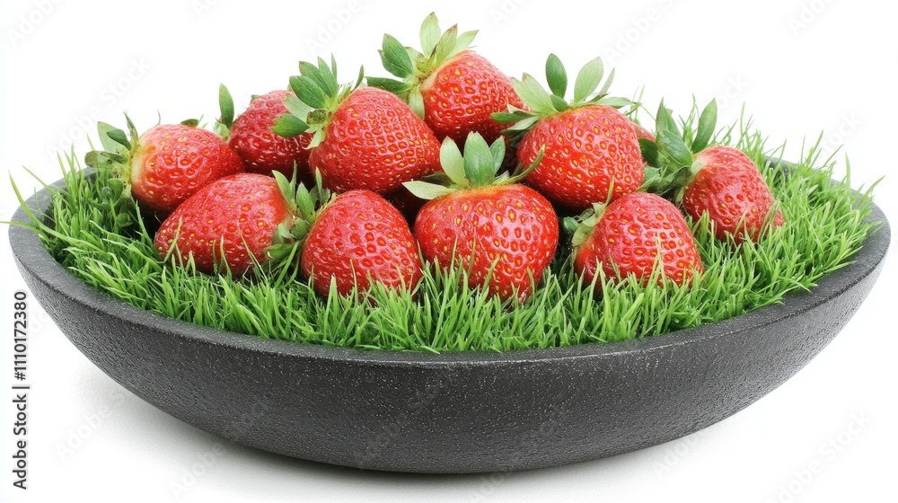 Aufkleber fresh strawberries arranged in a black bowl with green grass on a white background highlighting summ