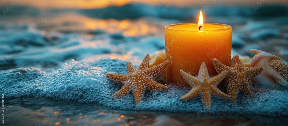 Poster candle and starfish on ocean waves creating a tranquil seasonal atmosphere for relaxation and medita