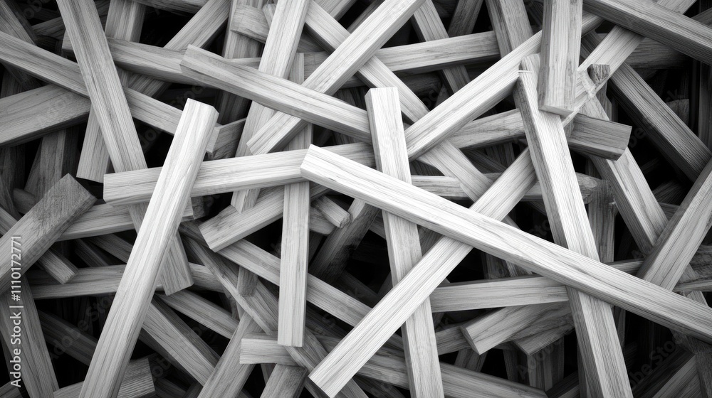 Poster black and white composition showcasing wooden beams representing a roof frame structure for building