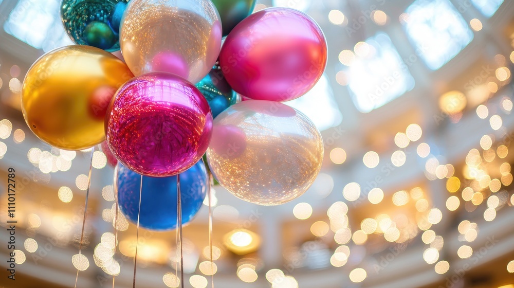 Poster colorful festive balloons hanging in a shopping center with sparkling lights creating a vibrant boke