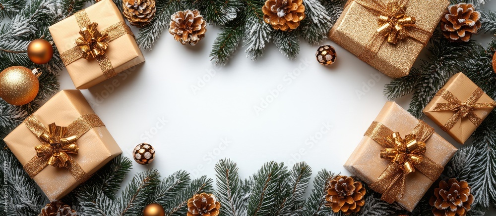Poster festive christmas background with golden decorations gift boxes and pine cones arranged as a frame o
