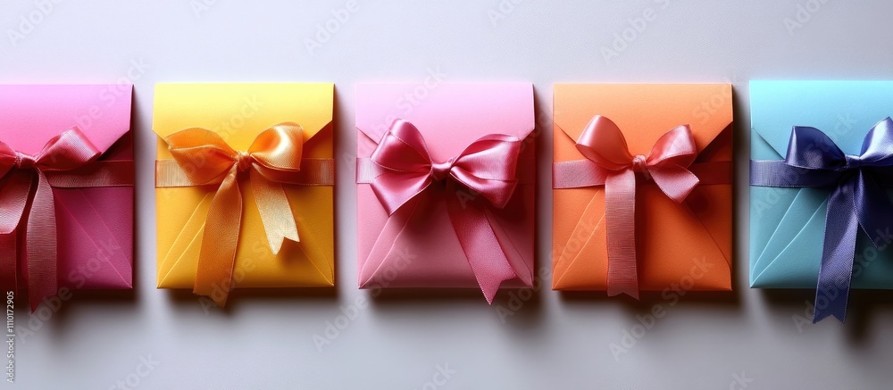Poster colorful gift envelopes with decorative bows arranged neatly on a bright background creating a cheer