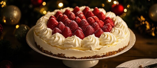 Festive Strawberry Mascarpone Cheesecake with Whipped Cream Topping Ideal for Holiday Desserts Celebrating Christmas with Kids